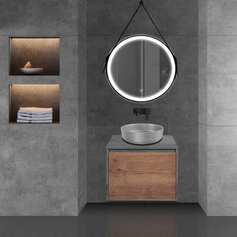 База под накладную раковину Mesa 600 подвесная, 1 выкатной/1 скрытый ящик soft close, T.Oak + Beton Vincea