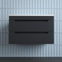 Тумба подвесная "Остин" под раковину Фортуна 80 2 ящ графит эмаль PLUS + Умывальник Фортуна 800*450 кварц серый шелк фото в интернет-магазине Русалия