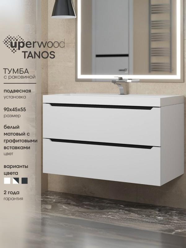 Тумба с раковиной Uperwood Tanos 90 см, подвесная, матовая, белая/графит 29111020232