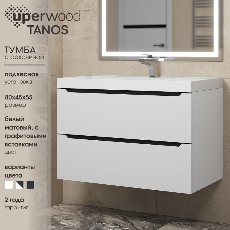 Тумба с раковиной Uperwood Tanos 80 см, подвесная, матовая, белая/графит 29111020231