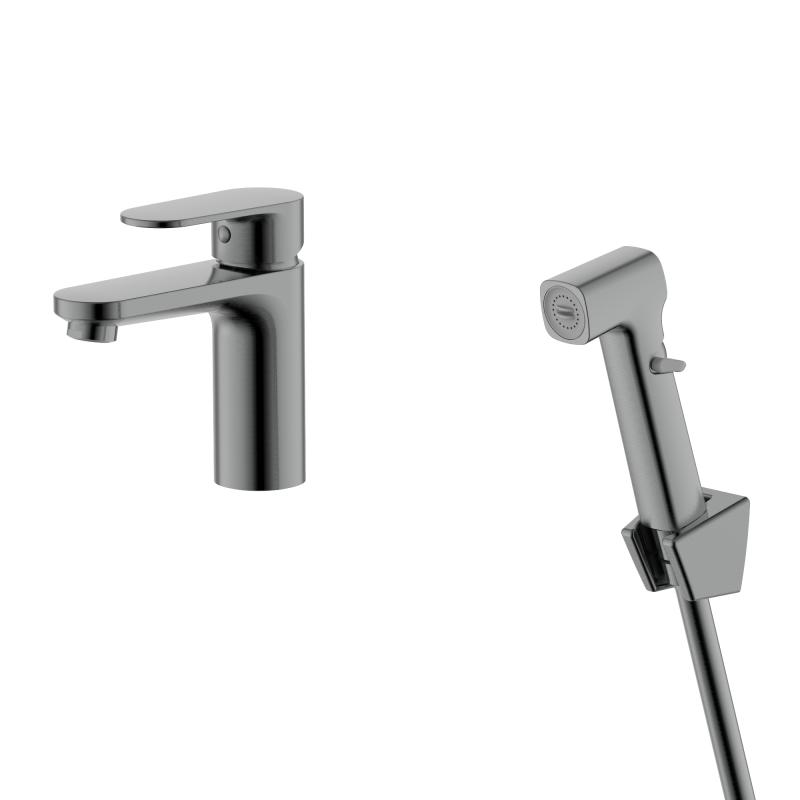 AQ1812BGM НИКА смеситель для раковины 90 без донного клапана с гигиеническим ручным душем, оружейная сталь Aquatek
