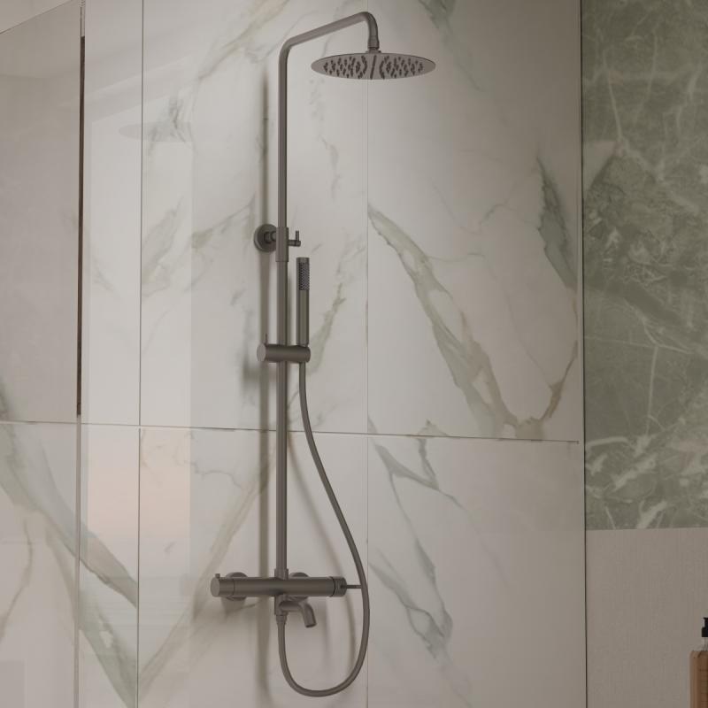 Душевая стойка Villa VSFS-1VL1GM с изливом, 25см верх. душ из нерж. стали, вороненая сталь Vincea