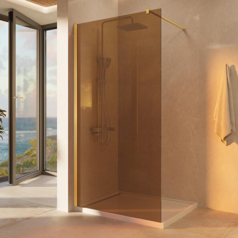 Душевая перегородка Walk-In VSW-1H100GSG, 1000*2000, матовый золотой, стекло янтарь Vincea