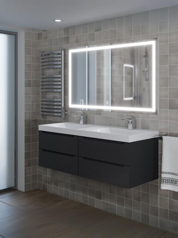 Тумба с раковиной для ванной Uperwood Tanos 120 см, подвесная, двойная, 4 ящика, черная матовая 2291020256