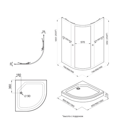 Душевой уголок "Альфа-Блэк" 90х90, 1/4 круга, низ. подд. (2 места+сифонD90мм) Тритон Щ0000054223 фото в интернет-магазине Русалия