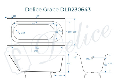 Ванна чугунная Delice Grace 170х70 DLR230643 фото в интернет-магазине Русалия