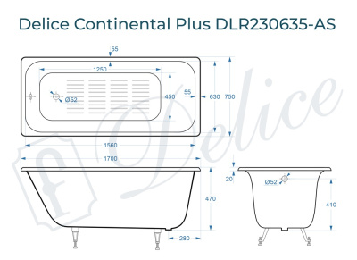 Ванна чугунная Delice Continental PLUS 170х75 с антискользящим покрытием DLR230635-AS фото в интернет-магазине Русалия