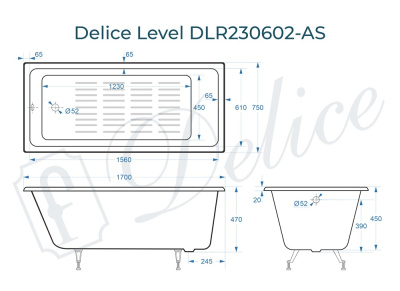 Ванна чугунная Delice Level 170х75 с антискользящим покрытием DLR230602-AS фото в интернет-магазине Русалия