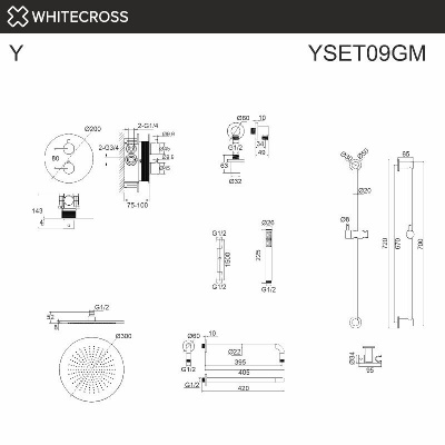 Термостатическая душевая система скрытого монтажа WHITECROSS Y YSET09GM (оружейная сталь) фото в интернет-магазине Русалия