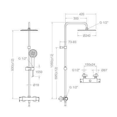 Душевая термостатическая система наружнего монтажа с телескопическим тропическим душем и душевым комплектом из ABS-пластика BLAUTHERM 9448RP240 Ramon Soler фото в интернет-магазине Русалия