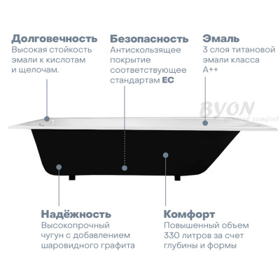 Чугунная ванна Byon B13 Maxi 180x80x45 Byon фото в интернет-магазине Русалия