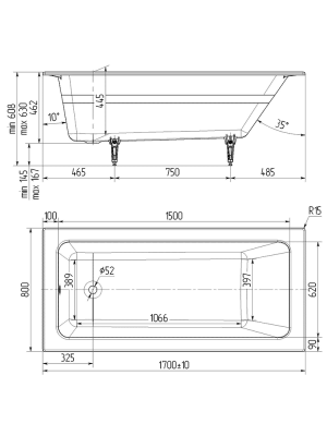 Wotte Line 1700х800х445  ванна чугунная (БП-э00д1473) фото в интернет-магазине Русалия
