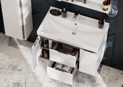 Тумба под раковину AQUATON Рене 80 белый, грецкий орех 1A258601NRC80 фото в интернет-магазине Русалия