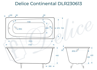 Ванна чугунная Delice Continental 170х70 DLR230613 фото в интернет-магазине Русалия