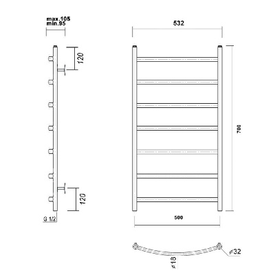 Водяной полотенцесушитель Калипсо П7 500x700, хром Domoterm фото в интернет-магазине Русалия