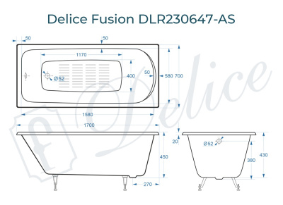 Ванна чугунная Delice Fusion 170х70 с антискользящим покрытием DLR230647-AS фото в интернет-магазине Русалия