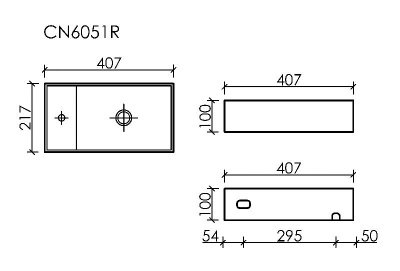 Умывальник подвесной прямоугольный (чаша справа, отверстие под смеситель слева) Element 407*217*100 CN6051R Ceramica Nova фото в интернет-магазине Русалия