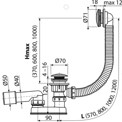 Слив-перелив автоматический для ванны A504CKM (AG210135160) Alcaplast фото в интернет-магазине Русалия