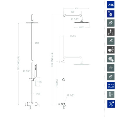 Душевая система наружнего монтажа с телескопическим тропическим душем и душевым комплектом BLAUTHERM 9374RM250 Ramon Soler фото в интернет-магазине Русалия