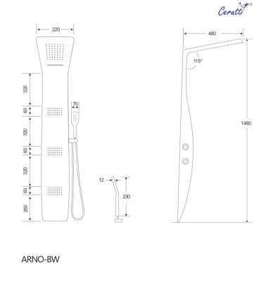 Панель ARNO BW душевая из нержавеющей стали с форсунками Ceruttispa CT9656, цвет черный с белым фото в интернет-магазине Русалия