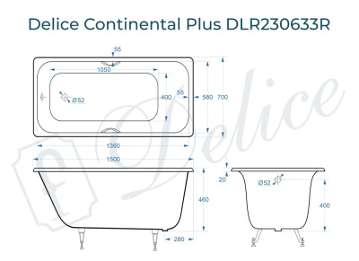 Ванна чугунная Delice Continental PLUS 150х70 с отверстиями под ручки DLR230633R фото в интернет-магазине Русалия