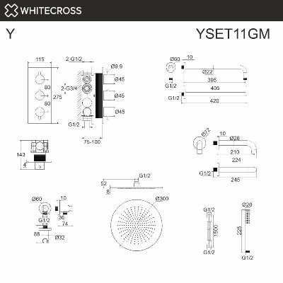 Термостатическая система для ванны скрытого монтажа WHITECROSS Y YSET11GM (оружейная сталь) фото в интернет-магазине Русалия
