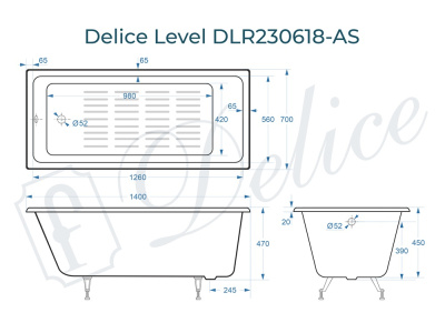 Ванна чугунная Delice Level 140х70 с антискользящим покрытием DLR230618-AS фото в интернет-магазине Русалия