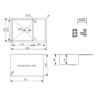 Кухонная мойка Ulgran Steel 780x500, вороненая сталь фото в интернет-магазине Русалия