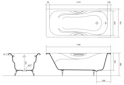 Чугунная ванна Гамма AQ8070FH-00 170х75 с ручками и ножками Aquatek фото в интернет-магазине Русалия