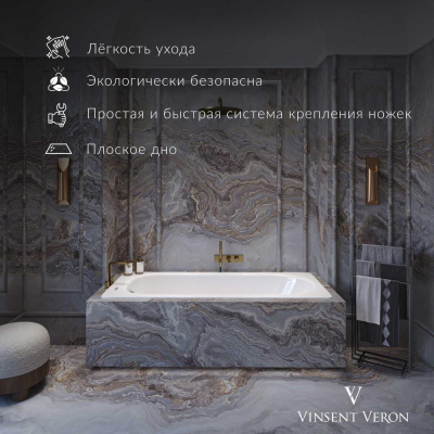 Ванна чугунная Vinsent Veron Soissons 170x70x42 с квадратными хромированнами ручками VCN1707042H/VH0012CH фото в интернет-магазине Русалия