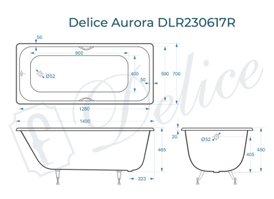 Ванна чугунная Delice Aurora 140х70 с отверстиями под ручки DLR230617R фото в интернет-магазине Русалия