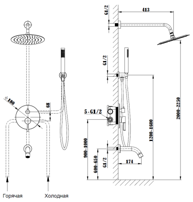 Душевой комплект Villa VSFW-1VL3MB встраиваемый, 3 режима, черный Vincea фото в интернет-магазине Русалия