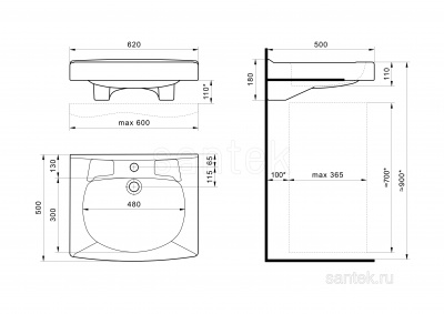 Раковина Santek Пилот 50 отверстие под смеситель 1WH301970 фото в интернет-магазине Русалия