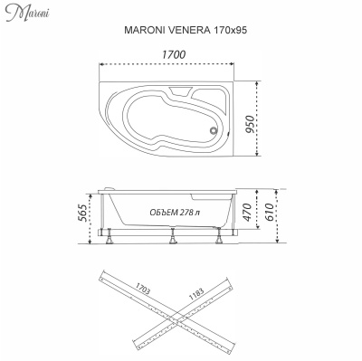 Ванна акриловая MARONI Venera R 170x95 Щ0000065370 фото в интернет-магазине Русалия