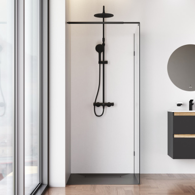 W94WI-80-F1-BTE Душевая перегородка X-Joy 80x195, стекло прозр. 6 мм + покрытие, фурнитура черный Am.Pm фото в интернет-магазине Русалия