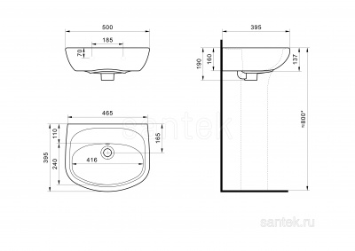 Раковина Santek Анимо 50 без отверстия под смеситель 1WH110493 фото в интернет-магазине Русалия
