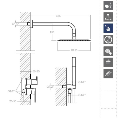 Встраиваемая душевая система с тропическим душем и душевым комплектом TZAR K3415021NC никель брашированный Ramon Soler фото в интернет-магазине Русалия