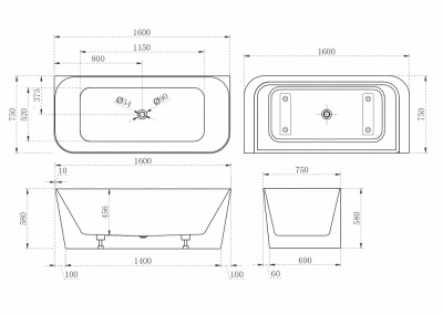 Акриловая ванна ABBER AB9223-1.6 160х75х58 см фото в интернет-магазине Русалия