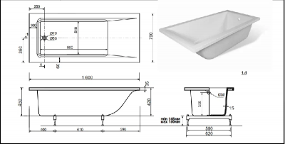 Ванна прямоугольная "FIXEN" 1600х700 VS16070 из литьевого мрамора Shruders фото в интернет-магазине Русалия