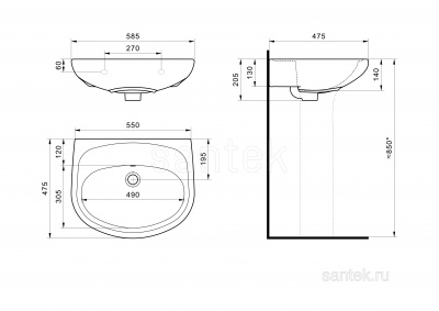 Раковина Santek Анимо 60 без отверстия под смеситель 1WH110505 фото в интернет-магазине Русалия
