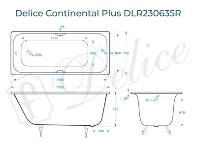 Ванна чугунная Delice Continental PLUS 170х75 с отверстиями под ручки DLR230635R фото в интернет-магазине Русалия