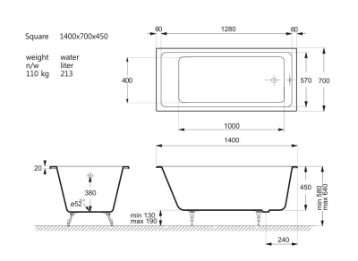 Ванна чугунная Vinsent Veron Square 140x70x45 VSQ1407045 фото в интернет-магазине Русалия