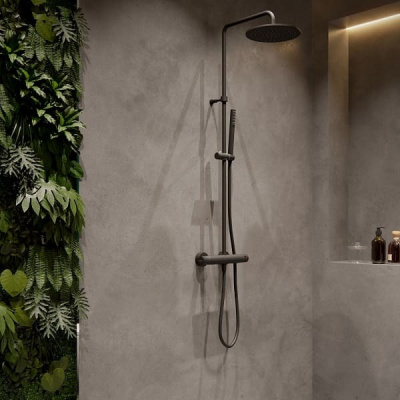 Душевая термостатическая система наружнего монтажа с телескопическим тропическим душем и душевым комплектом TZAR 345401RM250NM матовый черный Ramon Soler фото в интернет-магазине Русалия