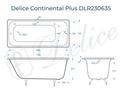 Ванна чугунная Delice Continental PLUS 170х75 DLR230635 фото в интернет-магазине Русалия