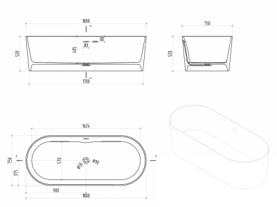 Ванна из искусственного камня ABBER Stein AS9614 белая матовая 180х75х52 см фото в интернет-магазине Русалия
