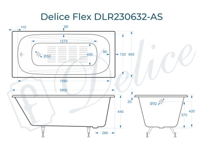 Ванна чугунная Delice Flex 180х85 с антискользящим покрытием DLR230632-AS фото в интернет-магазине Русалия