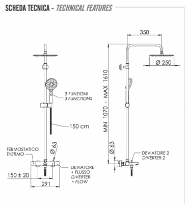 Душевая система термостатическая с изливом Remer EQ34A8MPUFM25NO, черный матовый фото в интернет-магазине Русалия