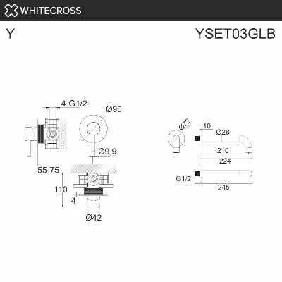 Система для ванны скрытого монтажа WHITECROSS Y YSET03GLB (брашированное золото) фото в интернет-магазине Русалия