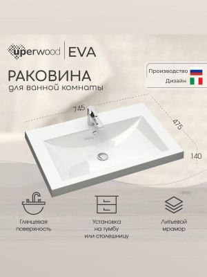 Раковина для ванной 75 см, Uperwood Eva, белая глянцевая 4548340003 фото в интернет-магазине Русалия