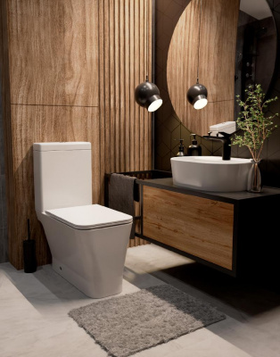 AQM1006 Унитаз напольный Rimless c сиденьем SoftClose, горизонт. выпуск, open back, 610x340x415мм AQUAme фото в интернет-магазине Русалия